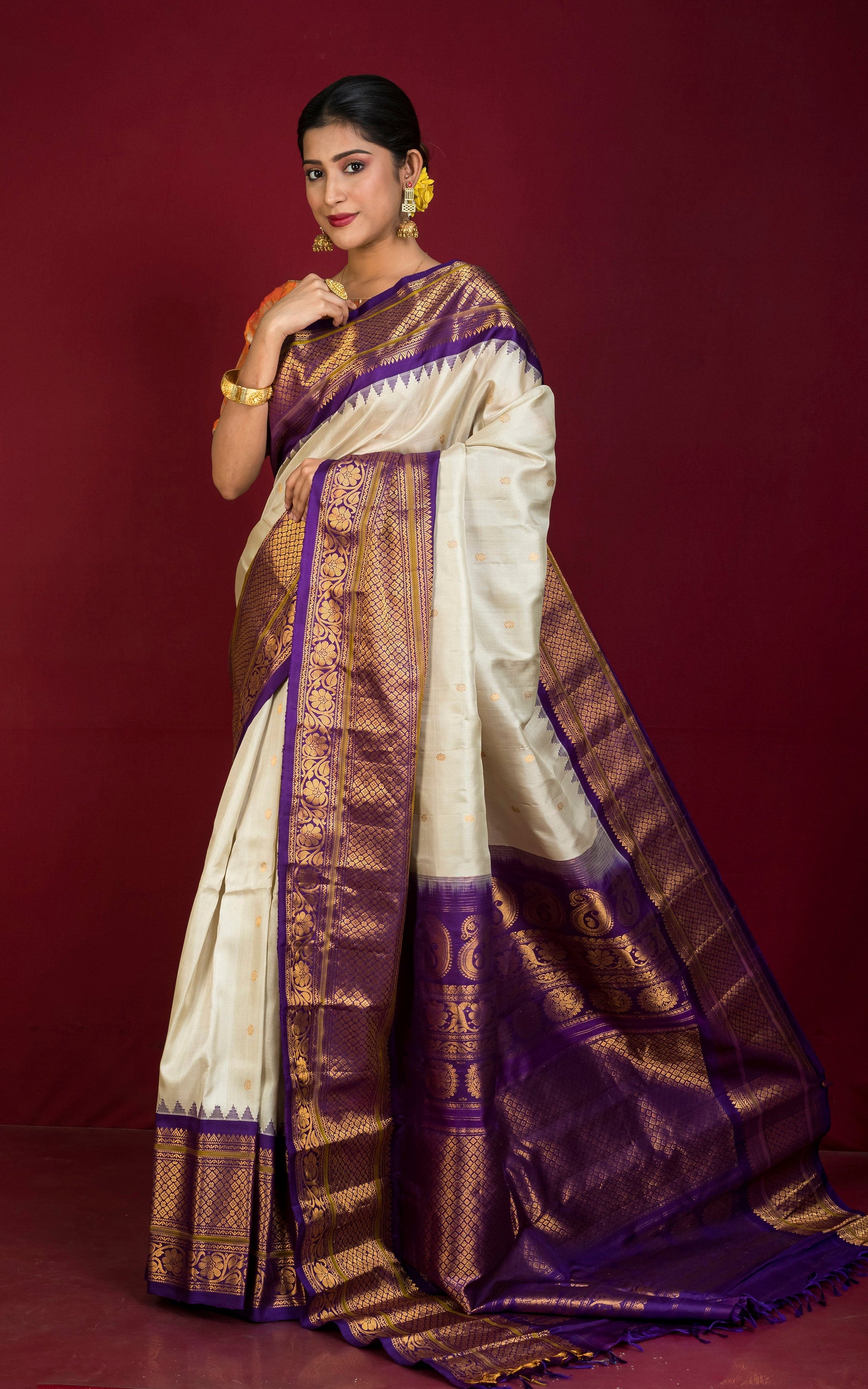 Exclusive Mahapar Gadwal Silk Saree in Beige, Eggplant Purple, Mehndi Green and Golden Zari Weave