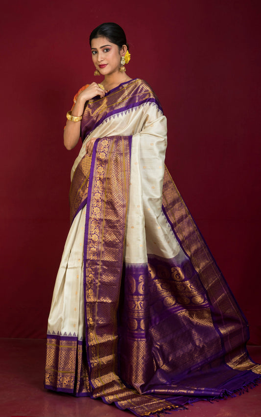 Exclusive Mahapar Gadwal Silk Saree in Beige, Eggplant Purple, Mehndi Green and Golden Zari Weave