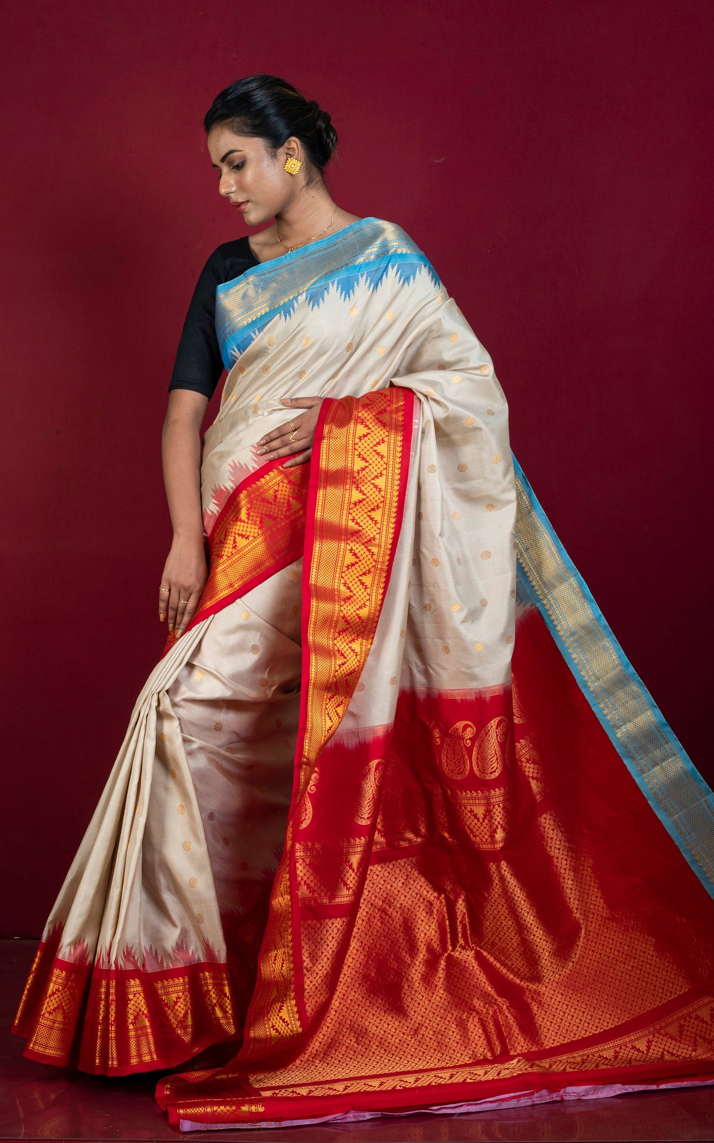 Exclusive Gadwal Silk Saree in Beige, Red, Azure Blue and Golden Zari Weave