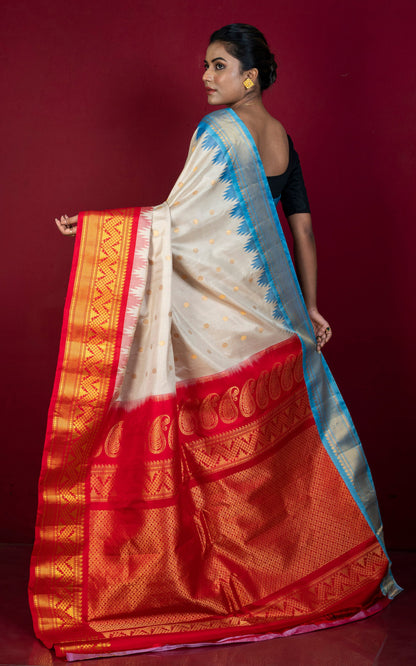 Exclusive Gadwal Silk Saree in Beige, Red, Azure Blue and Golden Zari Weave