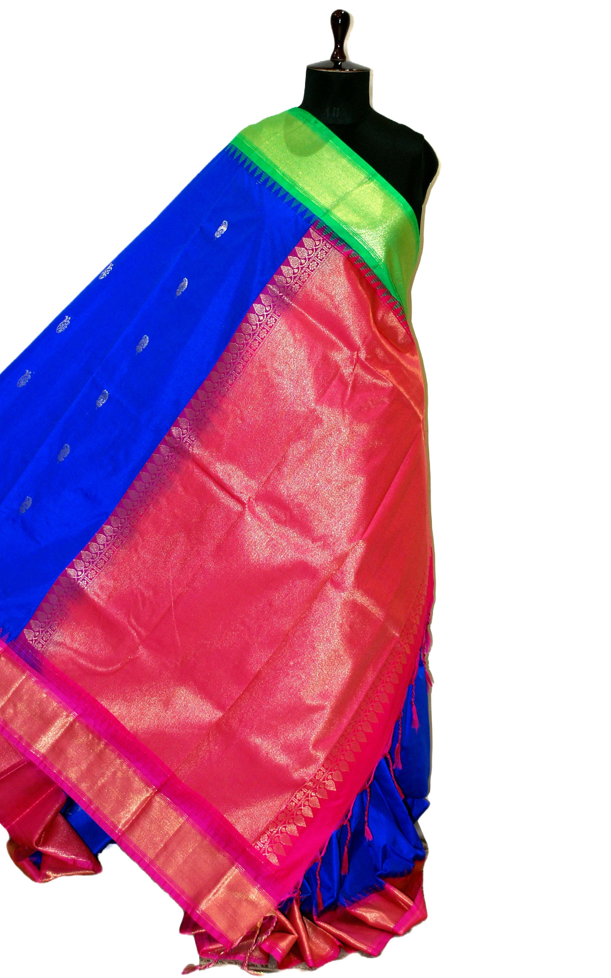 Blended Gadwal Silk Saree in Royal Blue, Hot Pink and Gel Green