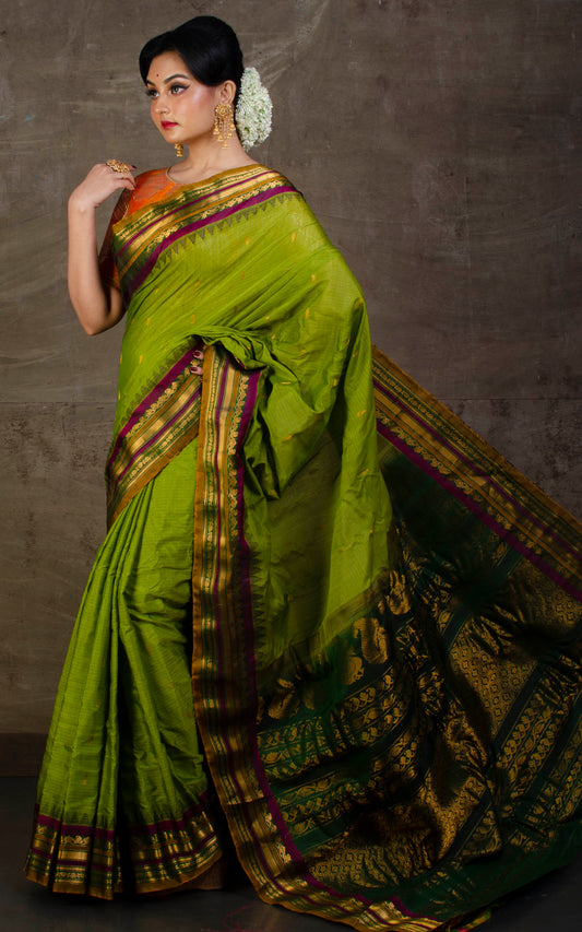 Exclusive Gadwal Seiko Silk Saree in Avocado Green and Purple