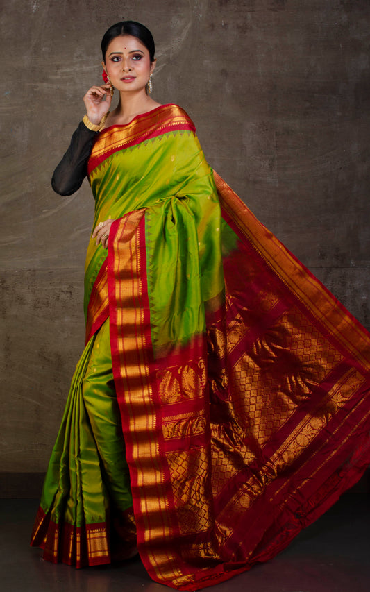 Exclusive Gadwal Silk Saree in Slime Green and Scarlet Red