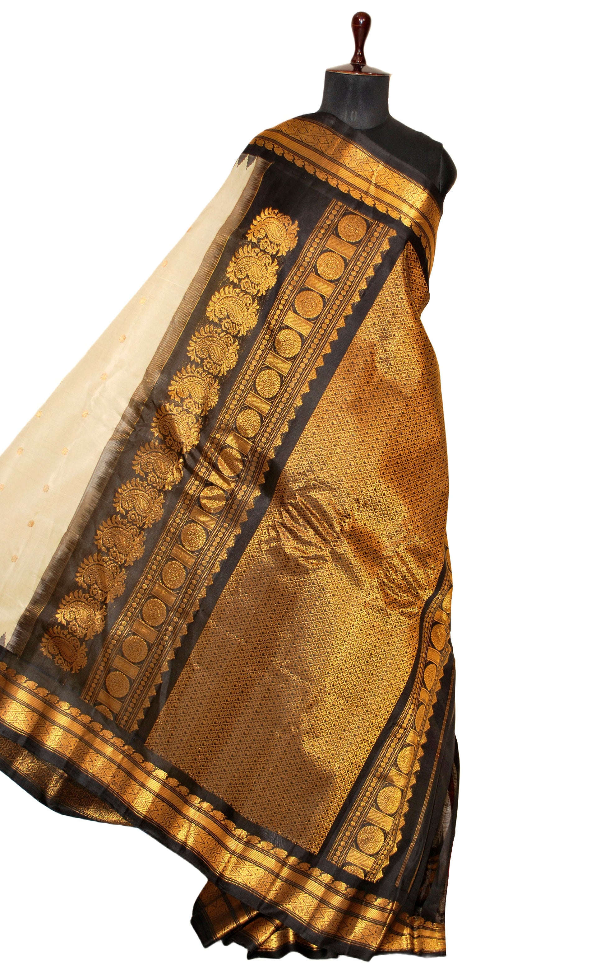 Exclusive Gadwal Silk Saree in Off White, Zed Black and Golden Zari Work