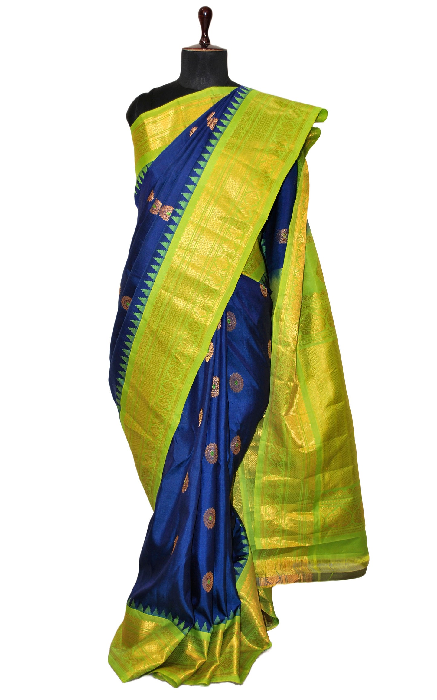 Exclusive Gadwal Silk Saree in Royal Blue, Bright Green and Golden Zari Work