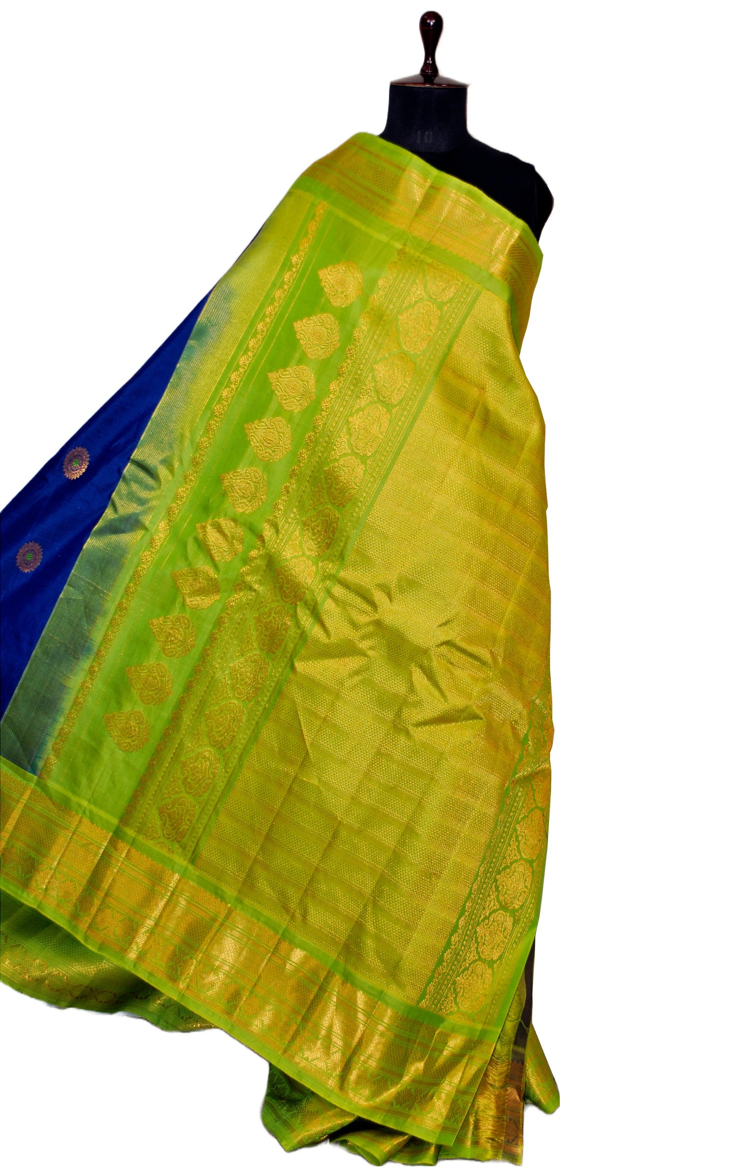 Exclusive Gadwal Silk Saree in Royal Blue, Bright Green and Golden Zari Work