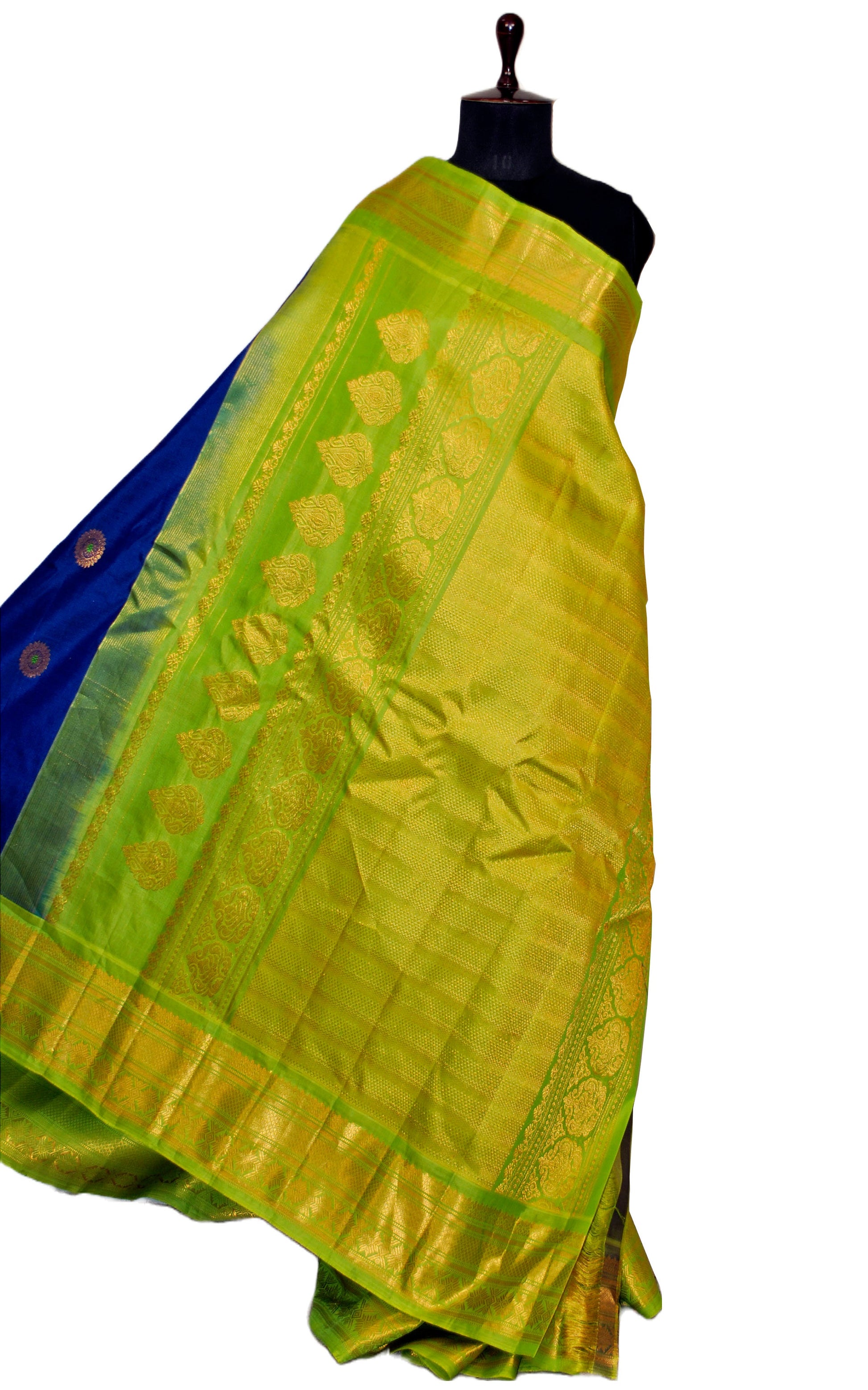 Exclusive Gadwal Silk Saree in Royal Blue, Bright Green and Golden Zari Work