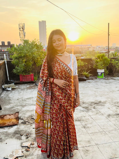 Gaurbandh- Red Bagru Natural Dyes Handblock Printed - Cotton Mulmul Saree