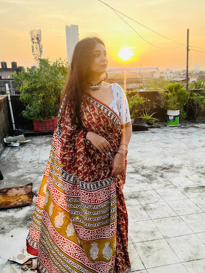 Gaurbandh- Red Bagru Natural Dyes Handblock Printed - Cotton Mulmul Saree