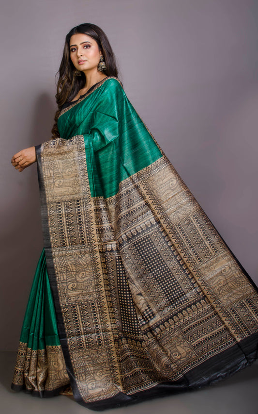 Soft Tussar Gicha Kalamkari Saree in Cadmium Green, Beige and Black