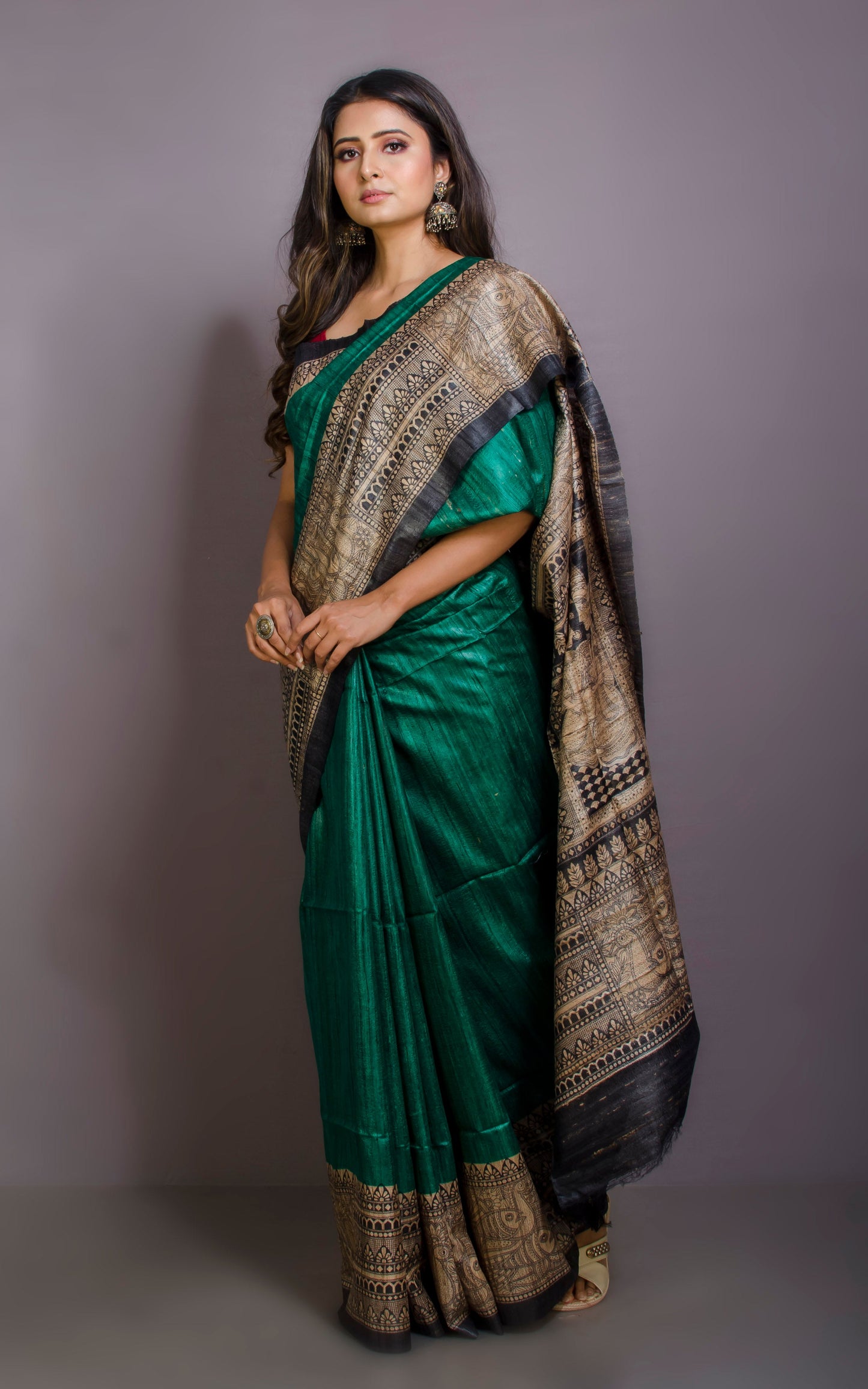 Soft Tussar Gicha Kalamkari Saree in Cadmium Green, Beige and Black