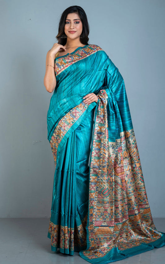 Hand Painted Madhubani on Handwoven Natural Gicha Tussar Silk Saree in Teal Blue
