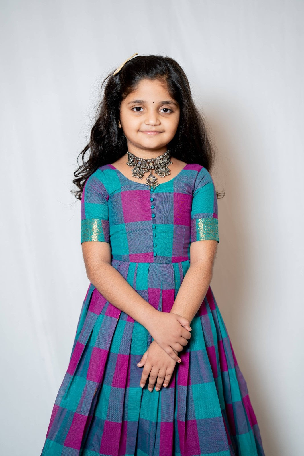 Kattam - Anarkali dress in chettinad cotton in Teal and Pink checks