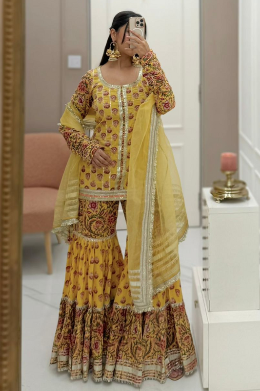 Ayesha Yellow Cotton Floral Print Haldi Sharara Set