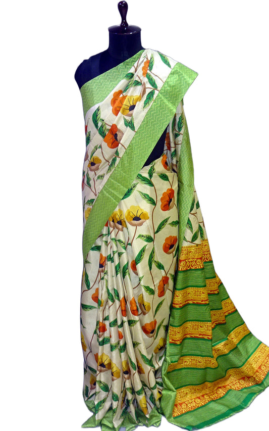 Floral Printed with Kantha Work Soft Kosa Silk Saree in Cream, Pastel Green and Multicolored