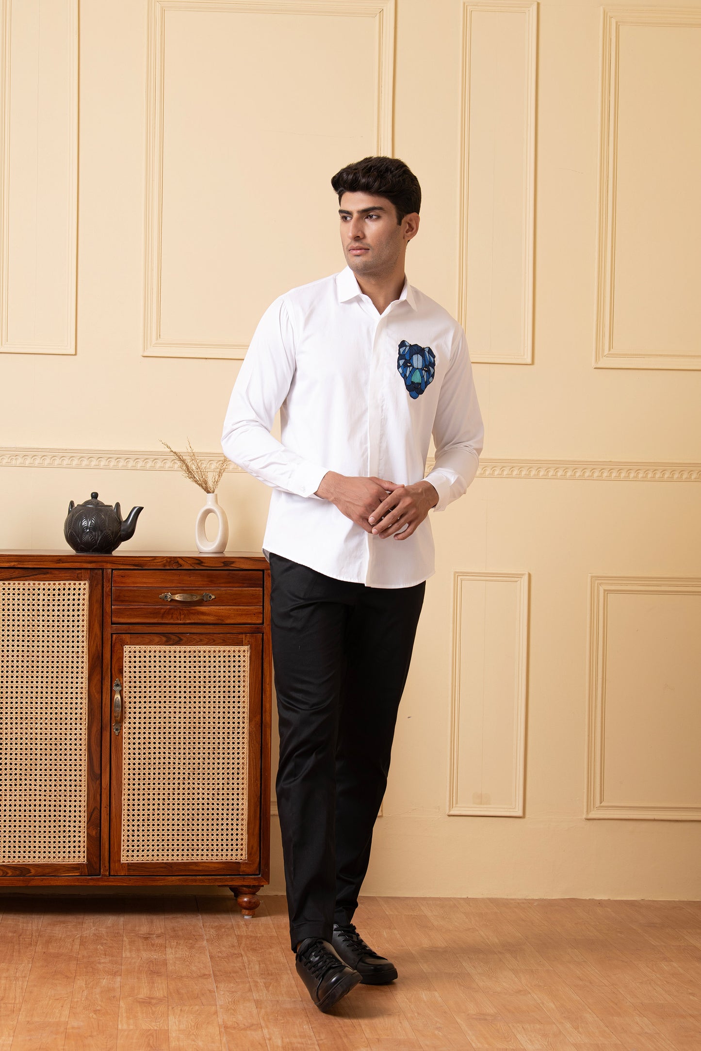 White Giza Cotton Fierce Panther Embroidered Shirt