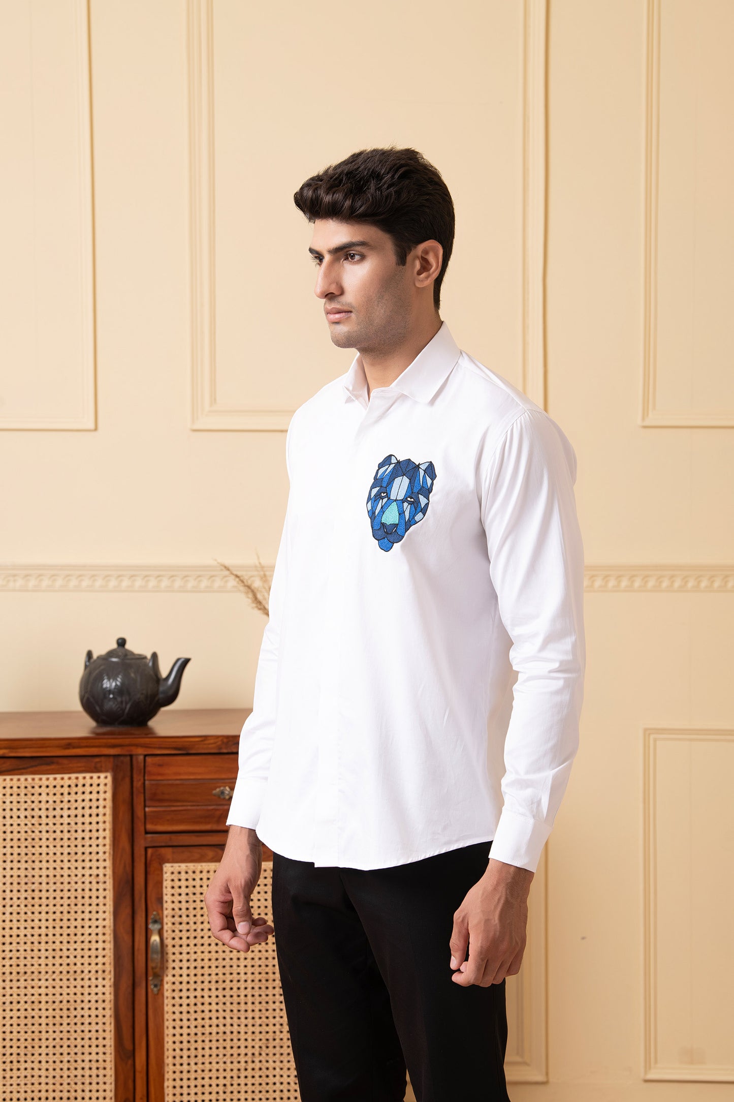 White Giza Cotton Fierce Panther Embroidered Shirt
