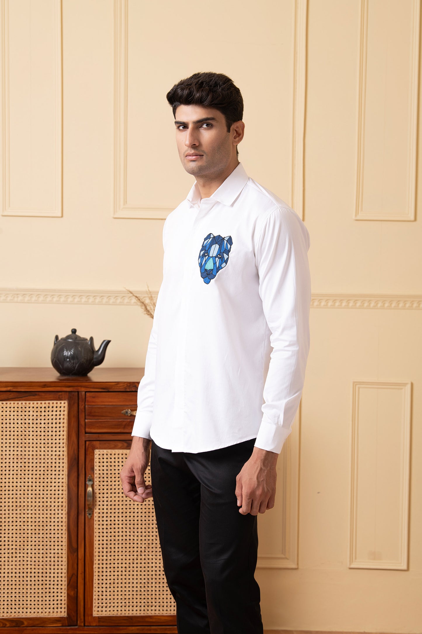 White Giza Cotton Fierce Panther Embroidered Shirt