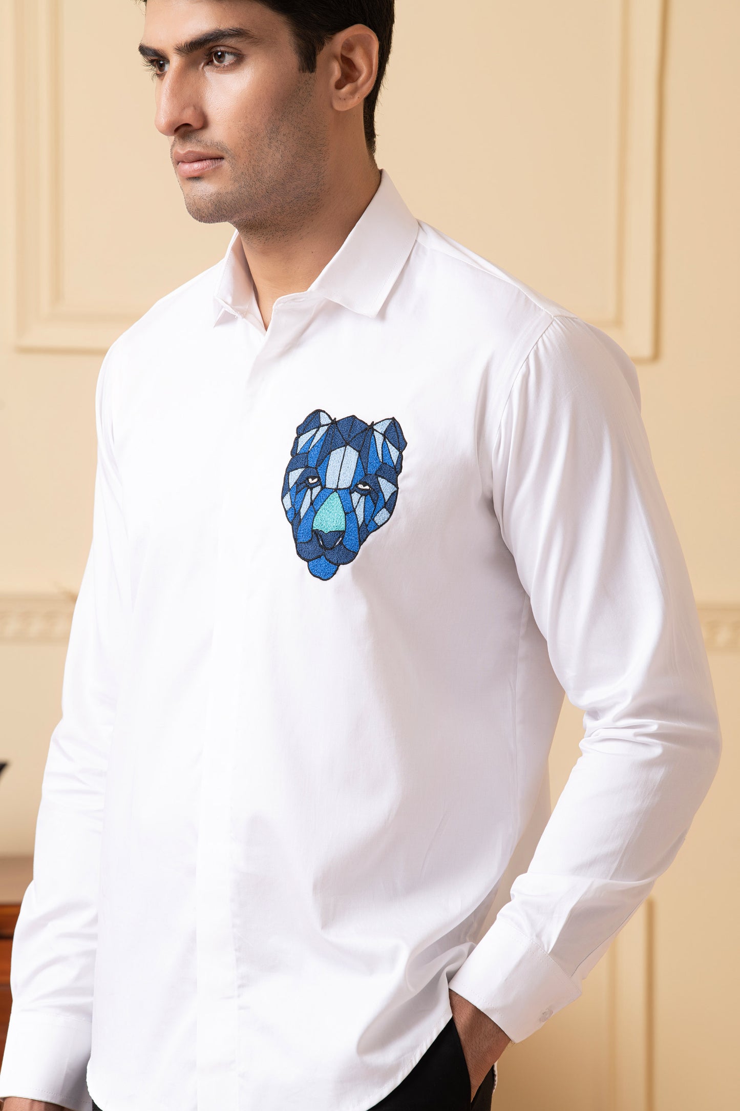 White Giza Cotton Fierce Panther Embroidered Shirt