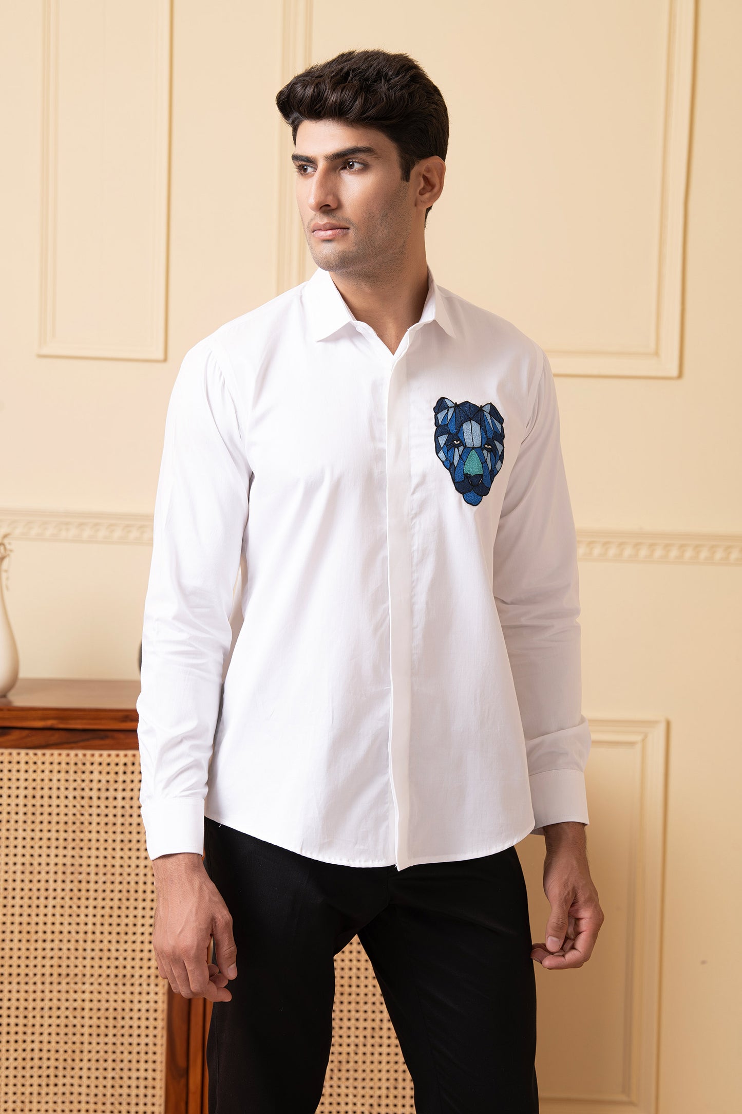 White Giza Cotton Fierce Panther Embroidered Shirt