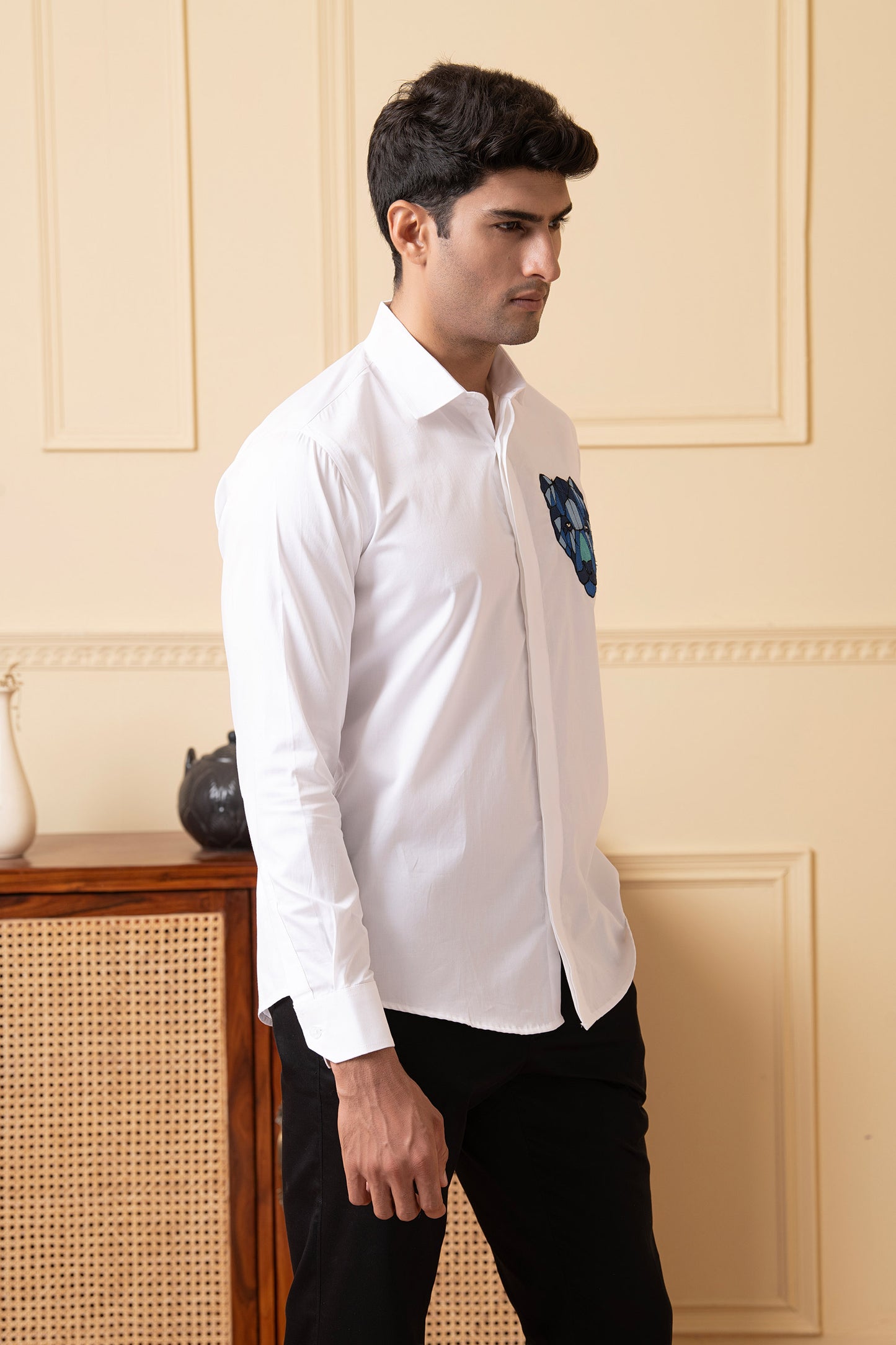 White Giza Cotton Fierce Panther Embroidered Shirt