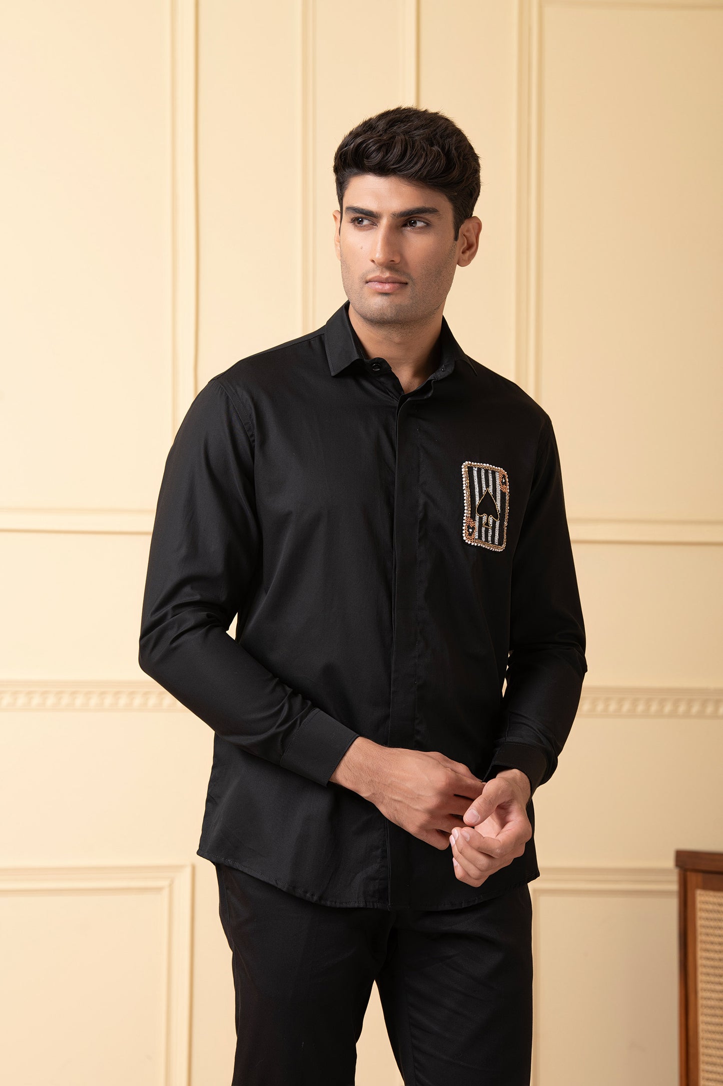 Black Giza Cotton Card shaped embroidery shirt