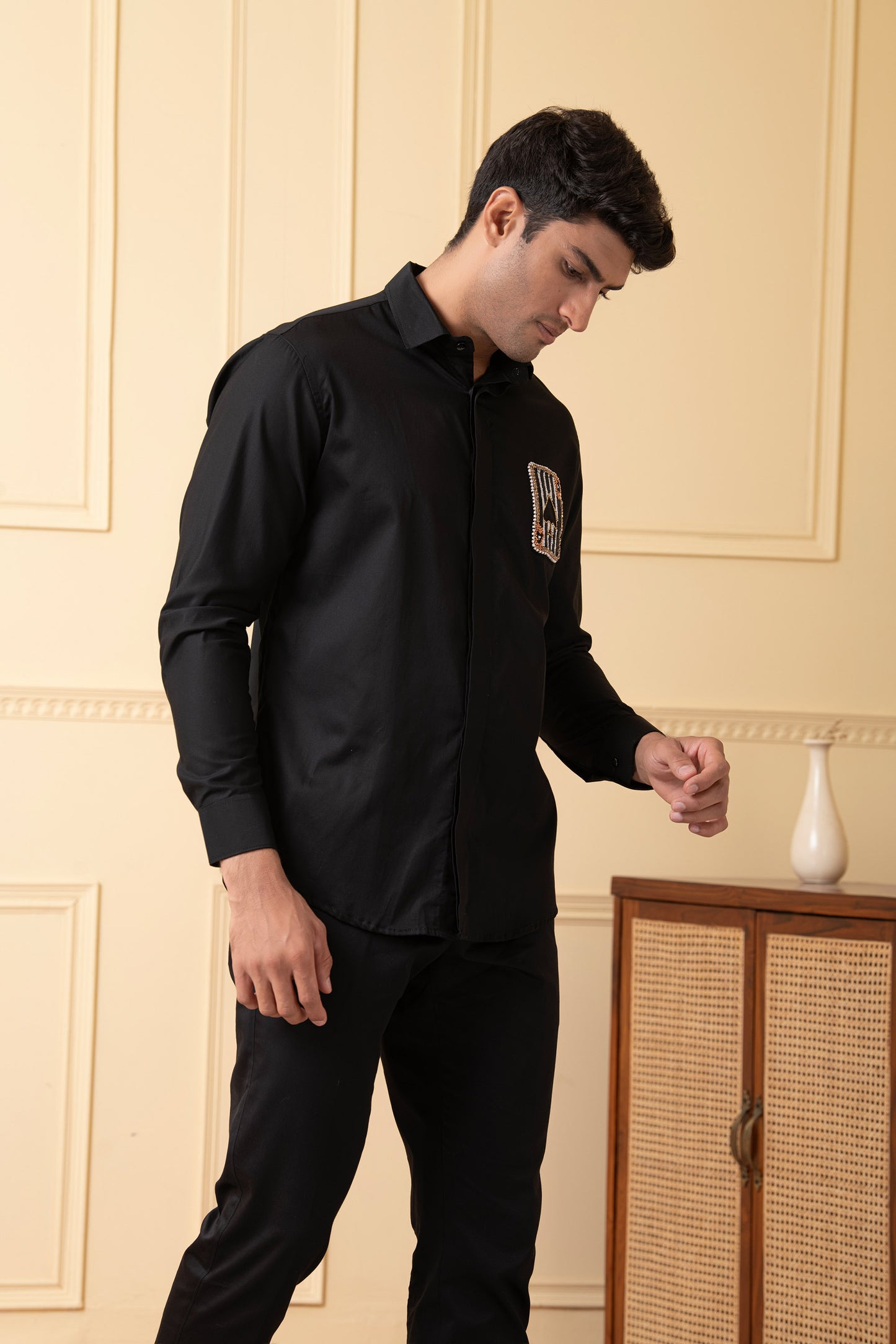 Black Giza Cotton Card shaped embroidery shirt