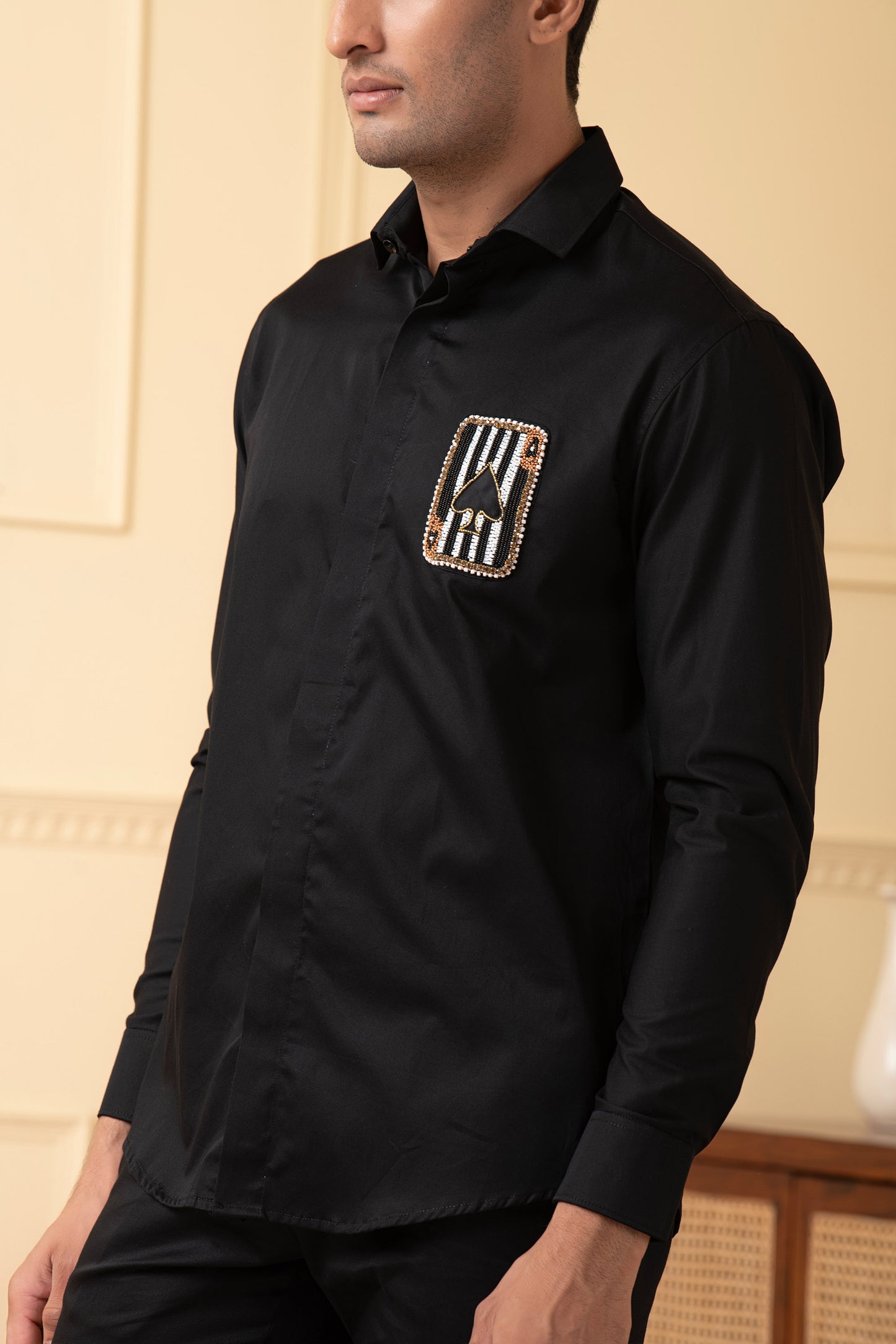 Black Giza Cotton Card shaped embroidery shirt