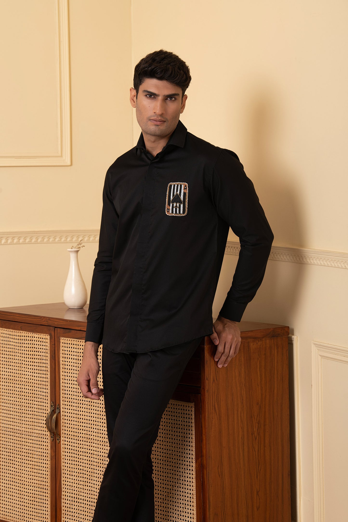 Black Giza Cotton Card shaped embroidery shirt