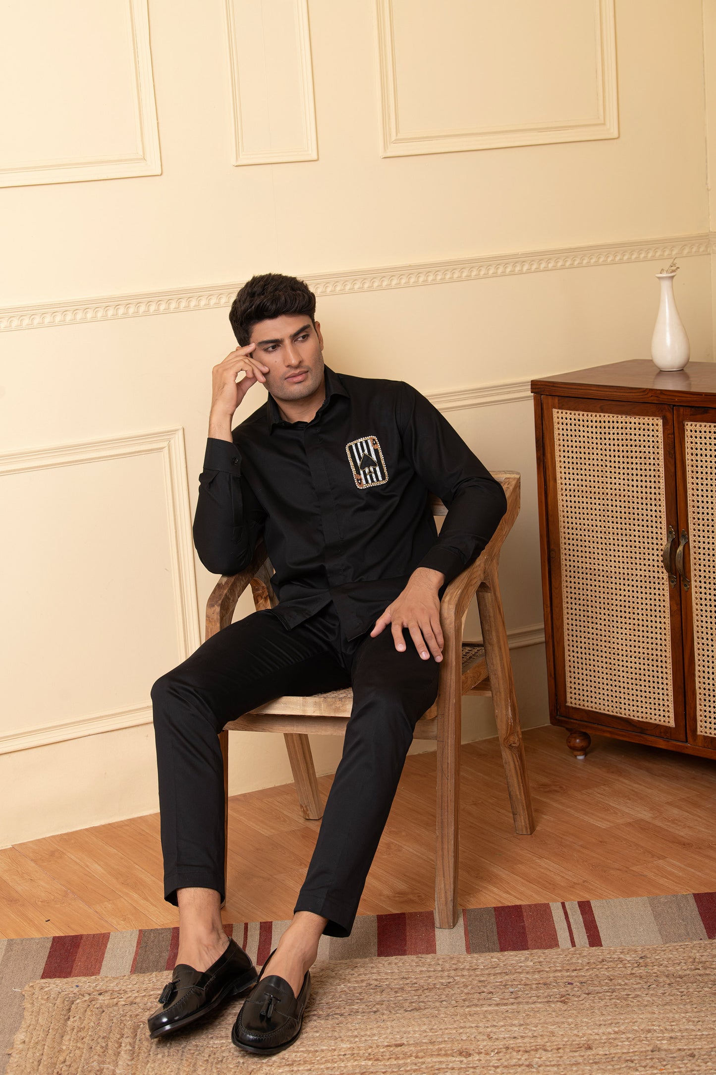 Black Giza Cotton Card shaped embroidery shirt