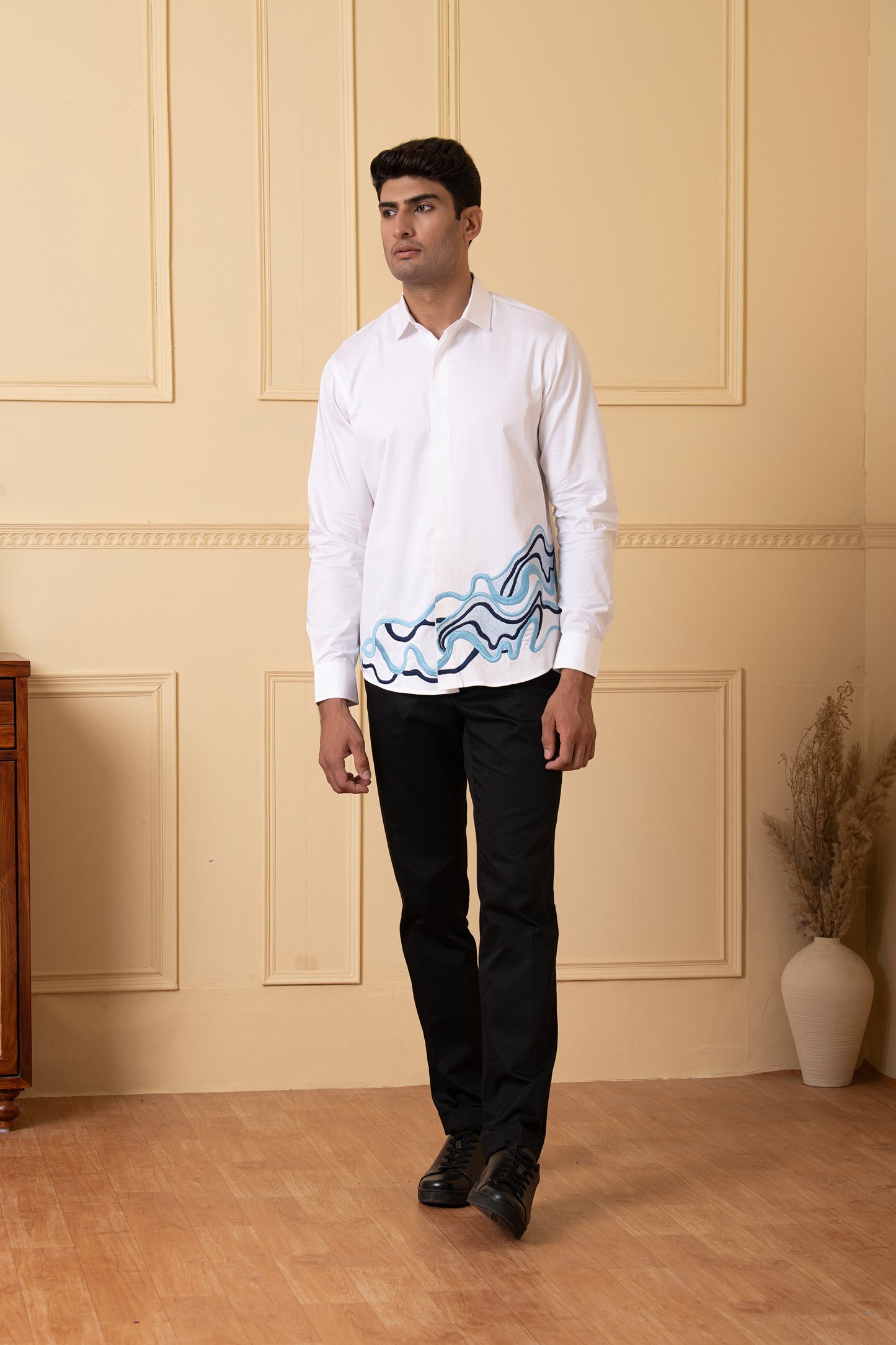 White Giza Cotton Cloud lines thread embroidery shirt