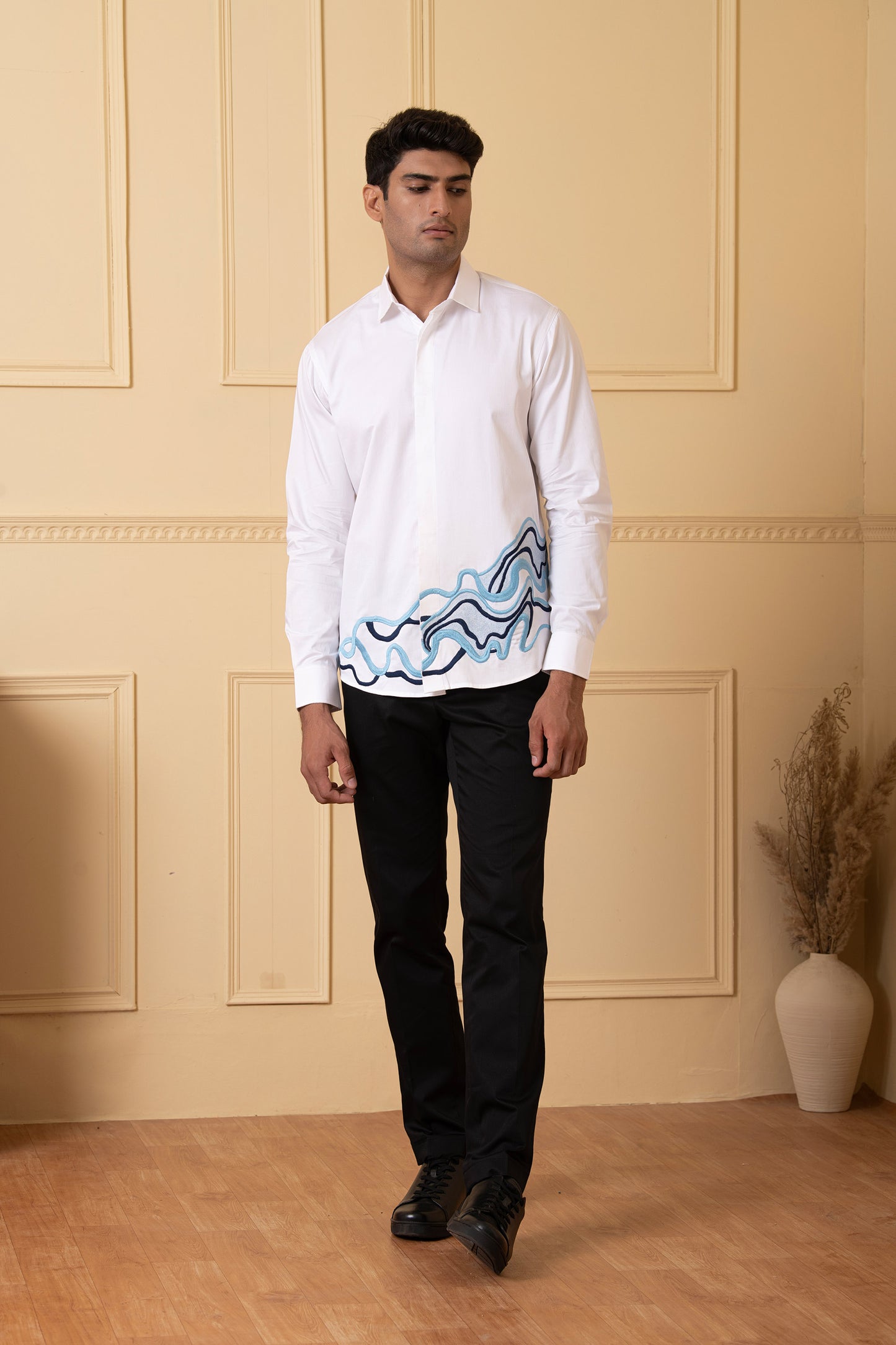 White Giza Cotton Cloud lines thread embroidery shirt