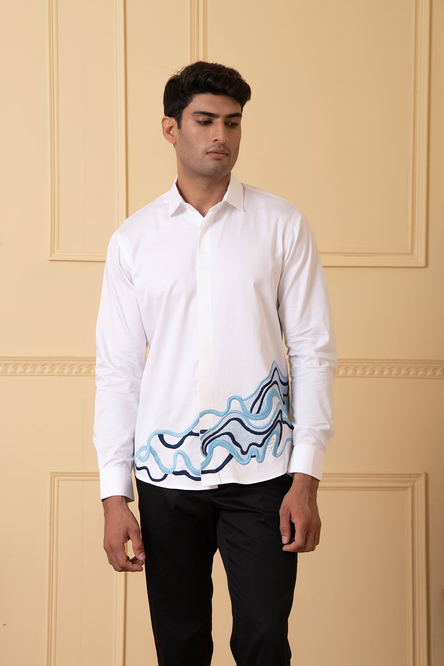 White Giza Cotton Cloud lines thread embroidery shirt