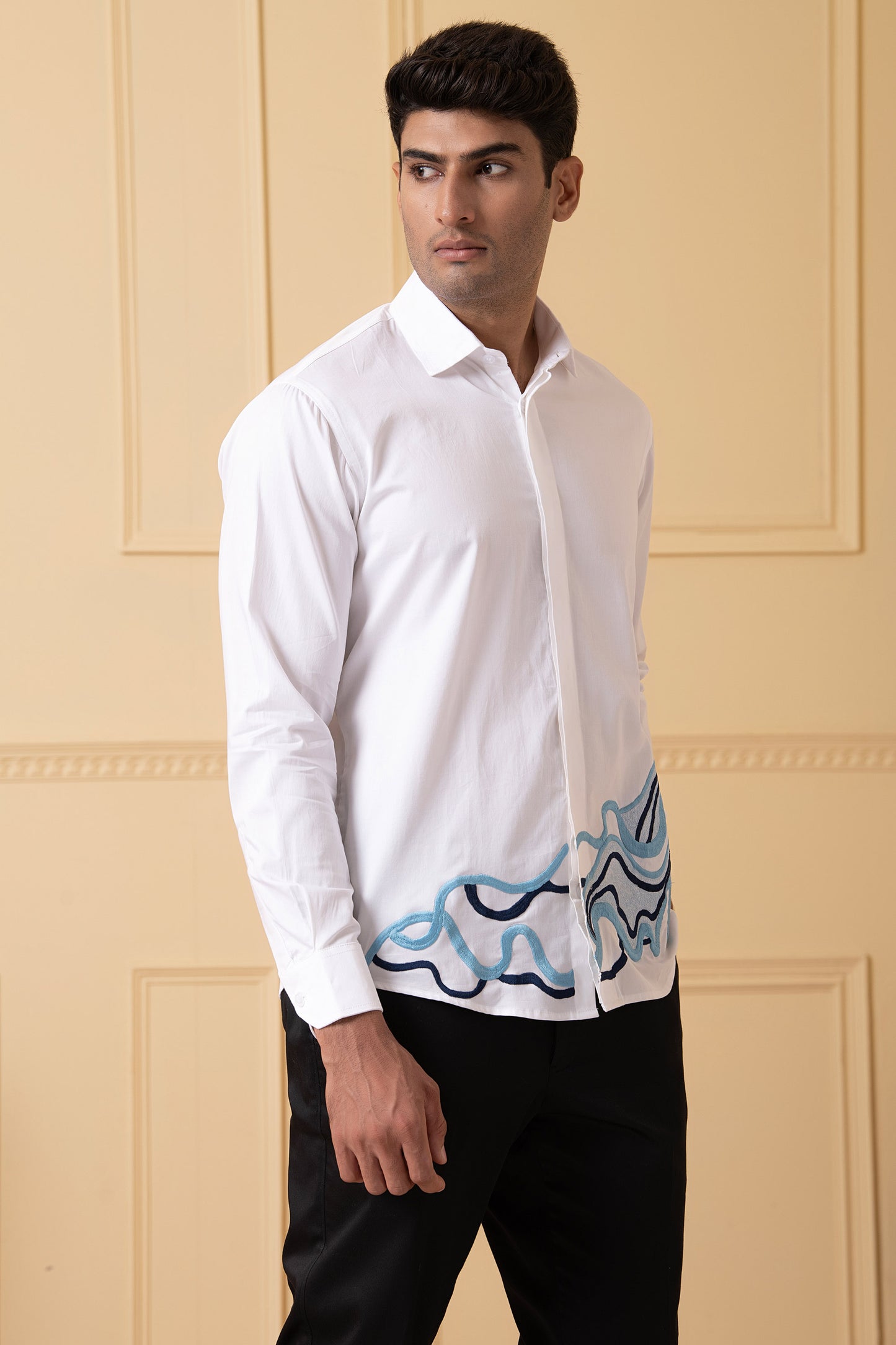 White Giza Cotton Cloud lines thread embroidery shirt