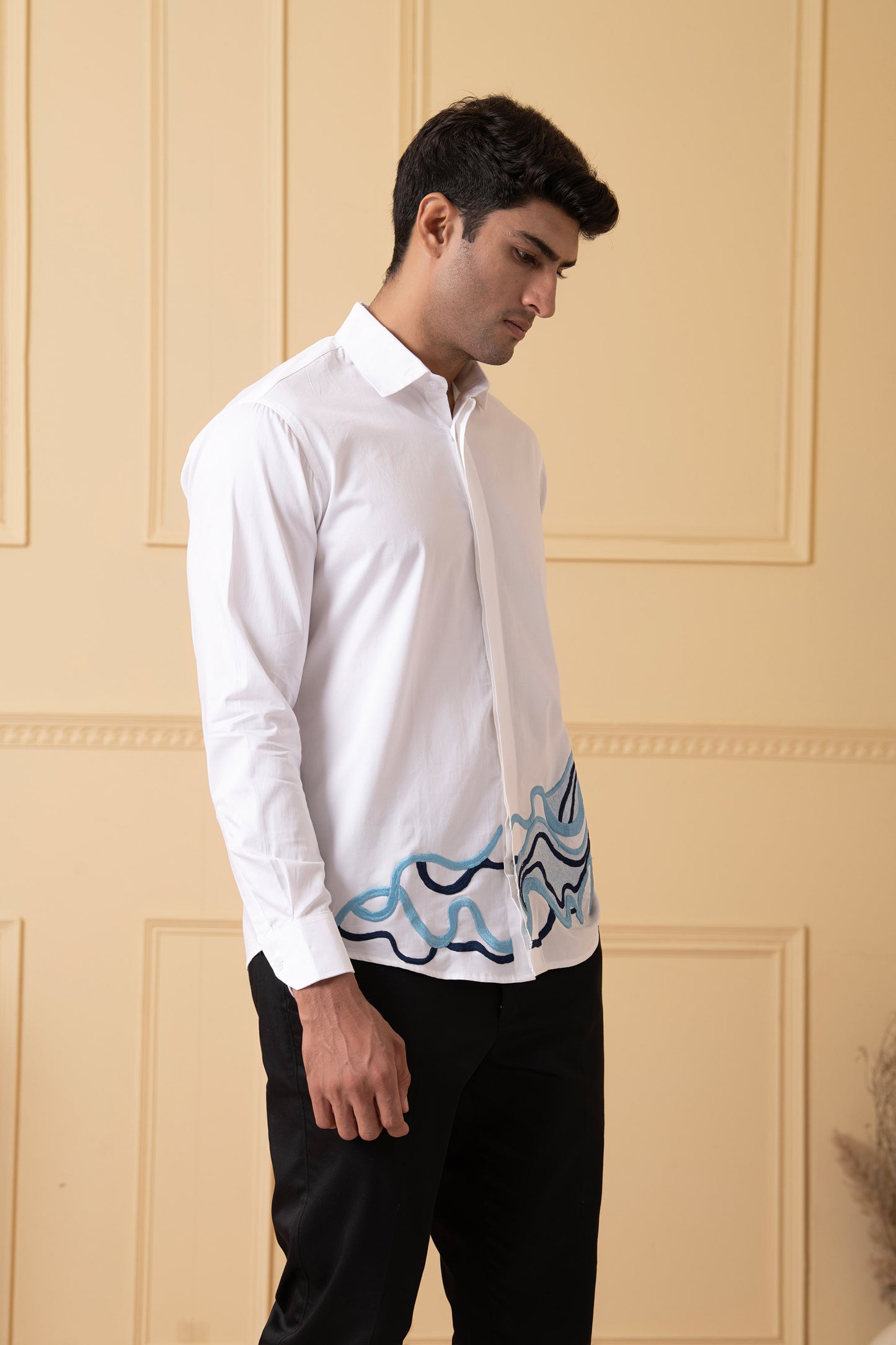 White Giza Cotton Cloud lines thread embroidery shirt