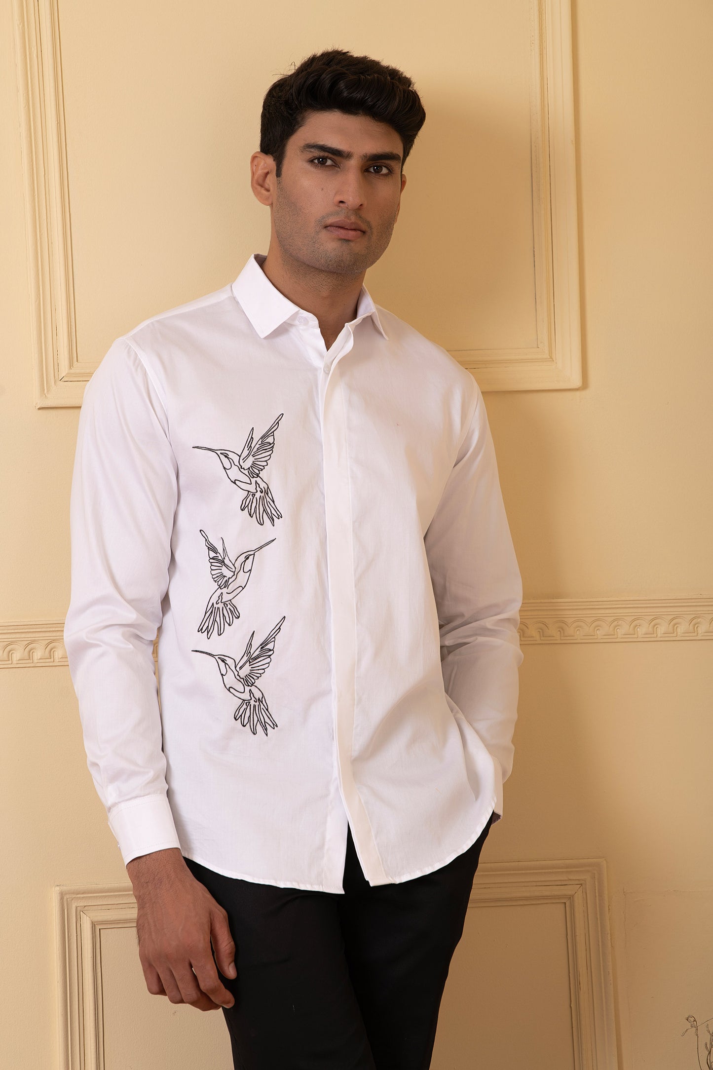 White Giza Cotton Aurora birds Line Embroidery shirt