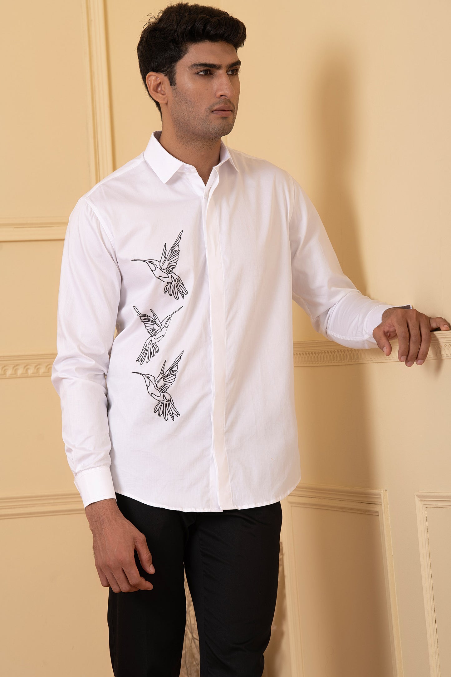 White Giza Cotton Aurora birds Line Embroidery shirt