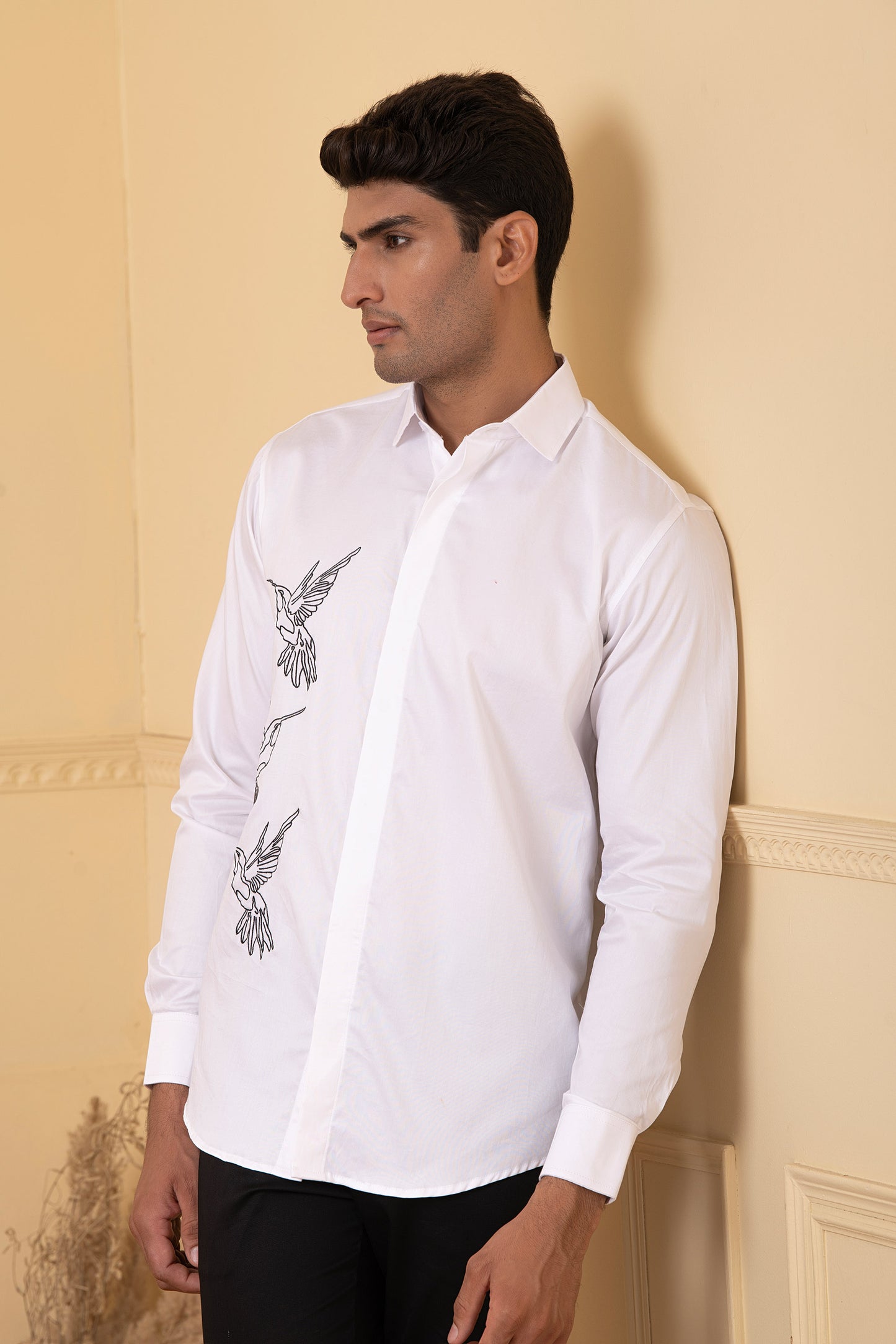 White Giza Cotton Aurora birds Line Embroidery shirt