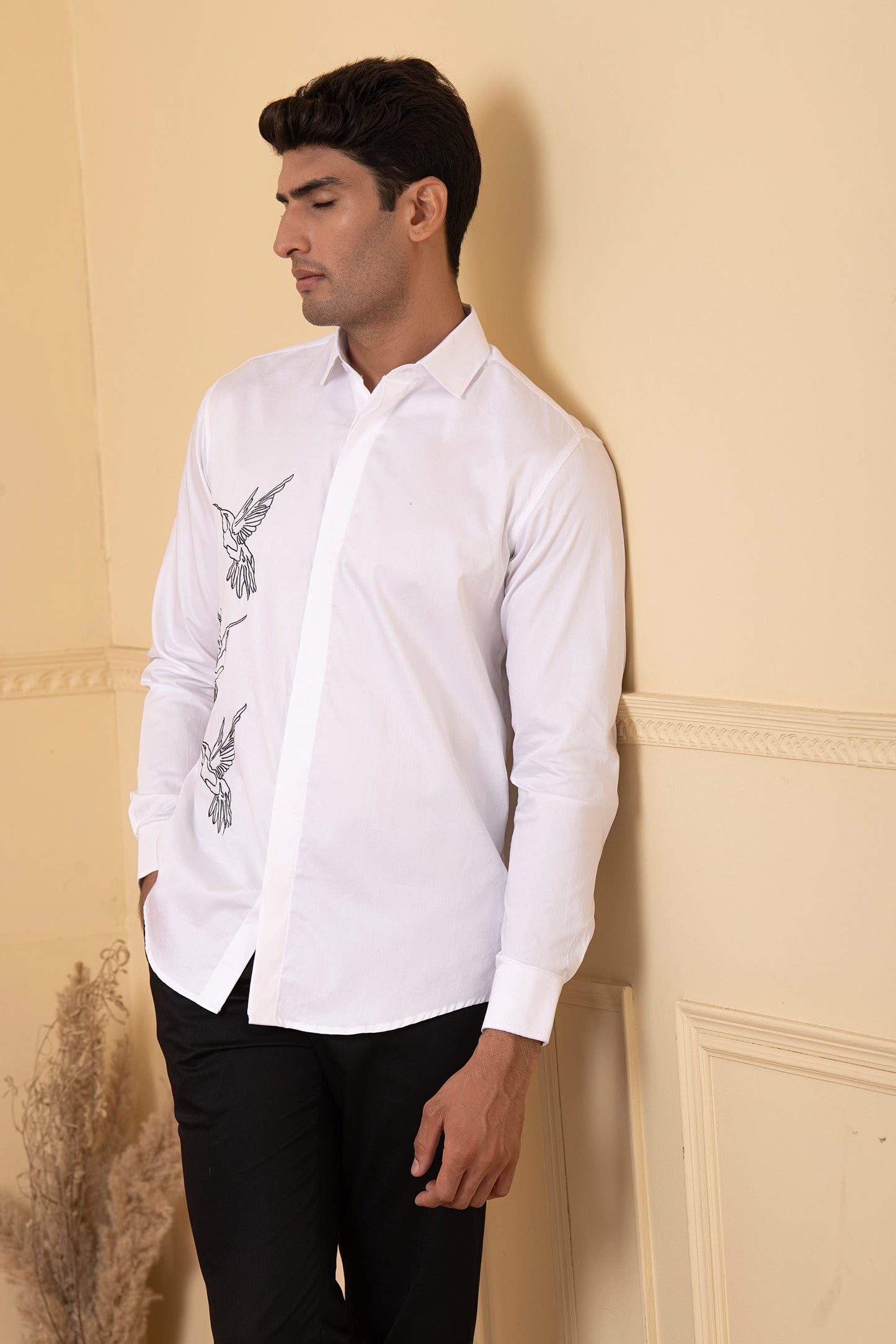 White Giza Cotton Aurora birds Line Embroidery shirt