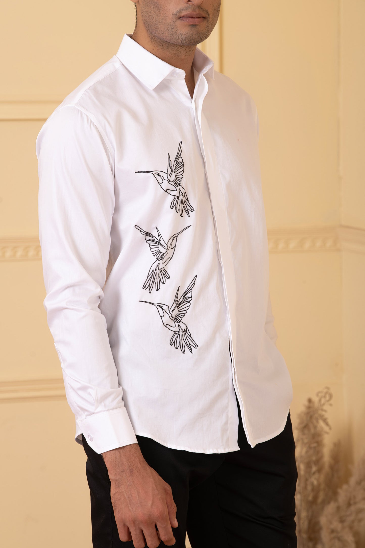 White Giza Cotton Aurora birds Line Embroidery shirt