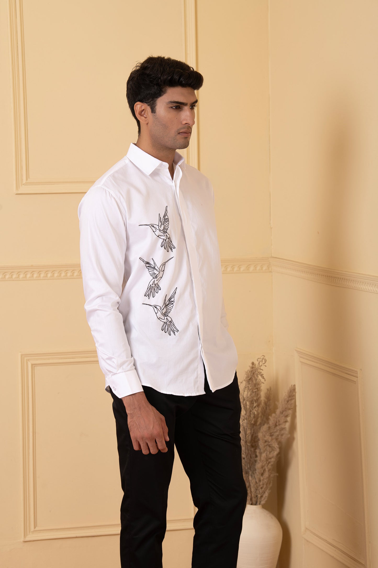 White Giza Cotton Aurora birds Line Embroidery shirt