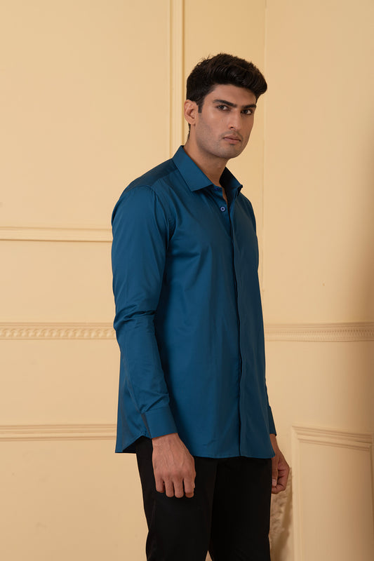 Teal Blue Giza Cotton Solid teal blue plain shirt