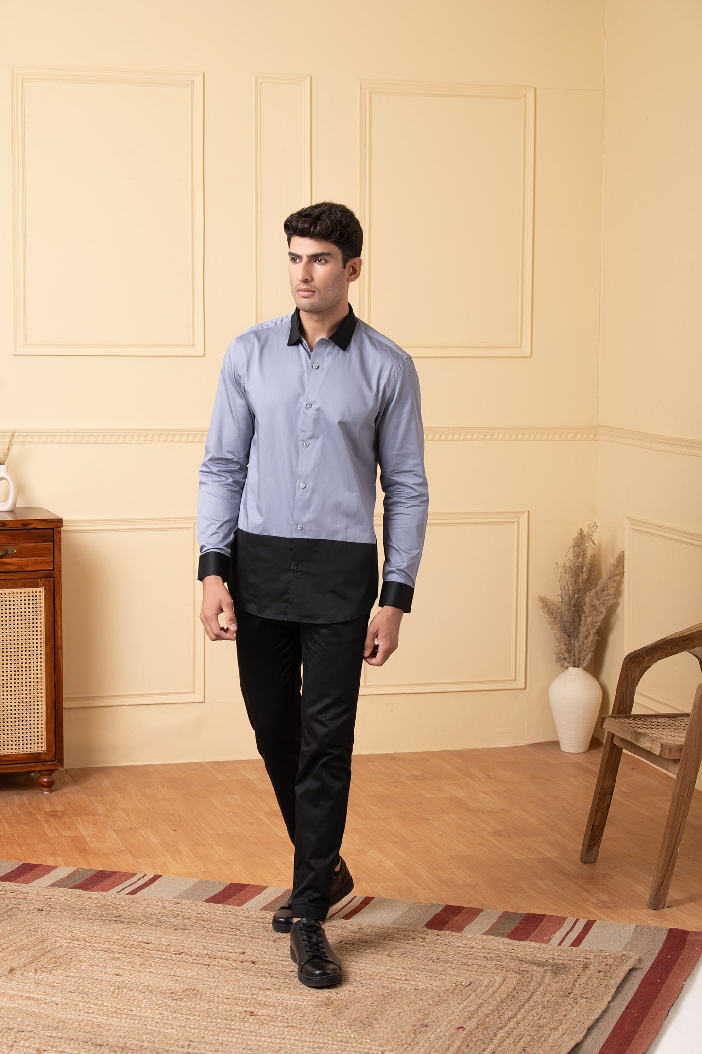 Grey Giza Cotton Grey shirt with black patch below the pocket, and black collar