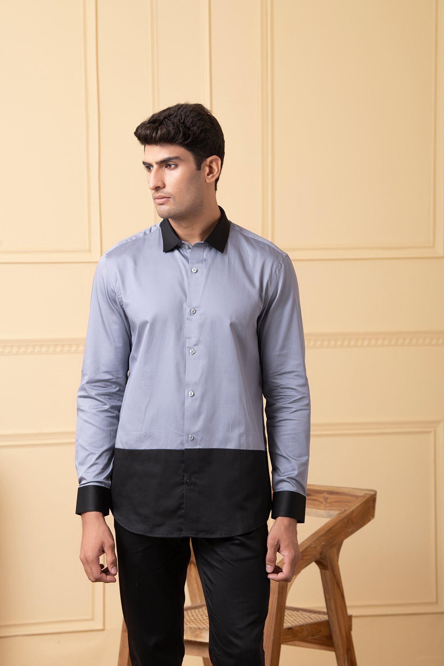 Grey Giza Cotton Grey shirt with black patch below the pocket, and black collar