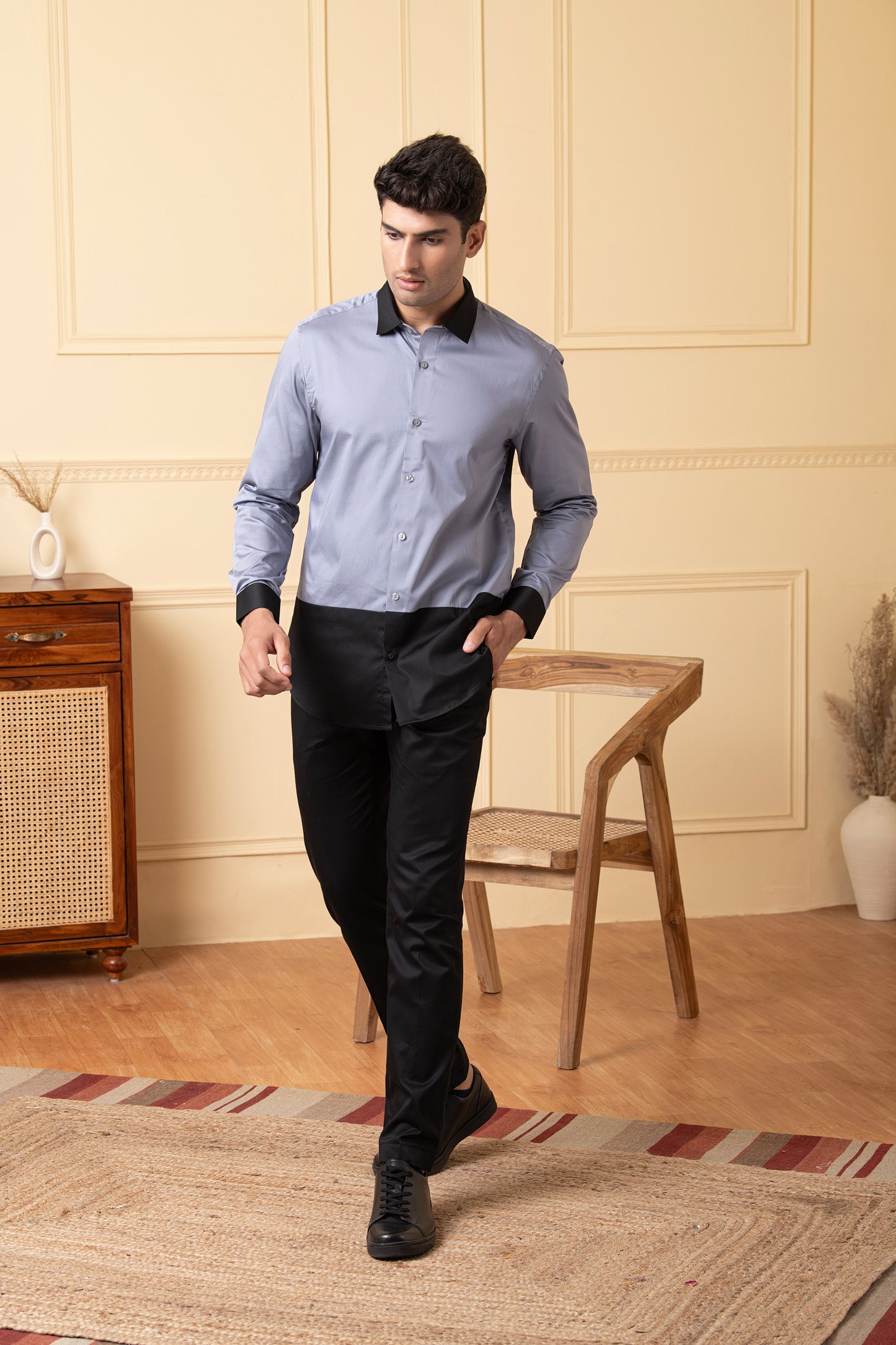 Grey Giza Cotton Grey shirt with black patch below the pocket, and black collar