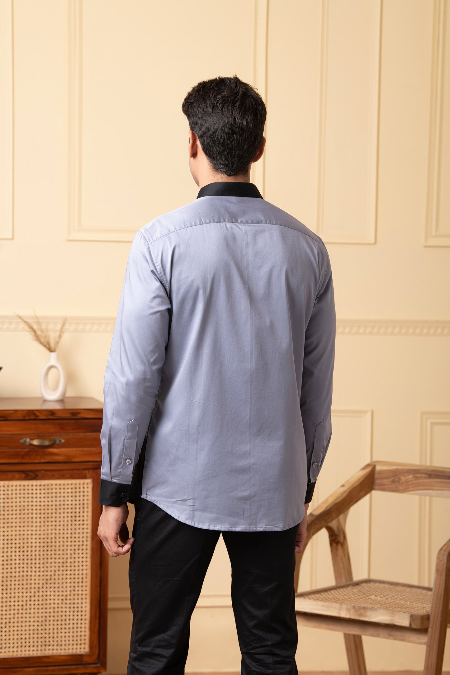 Grey Giza Cotton Grey shirt with black patch below the pocket, and black collar