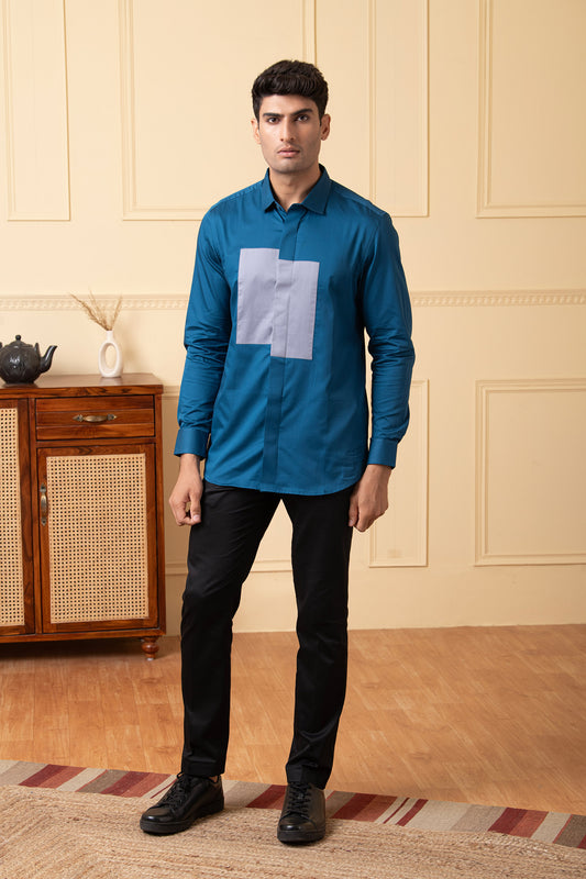 Blue Giza Cotton Blue shirt with a grey patch box
