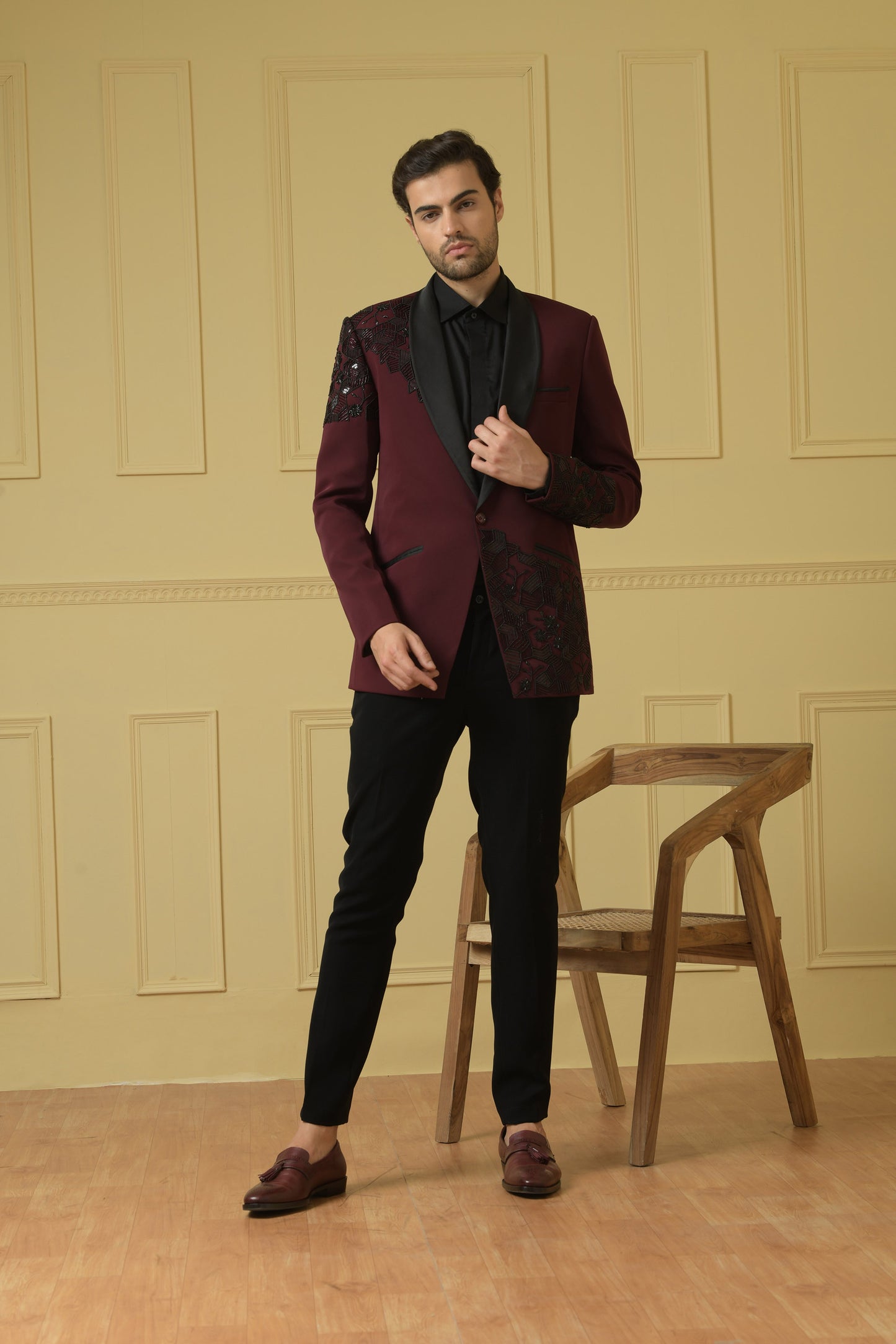 Radiante Maroon Italian Ethnic Satin Thread Embroidery Sangeet Blazer