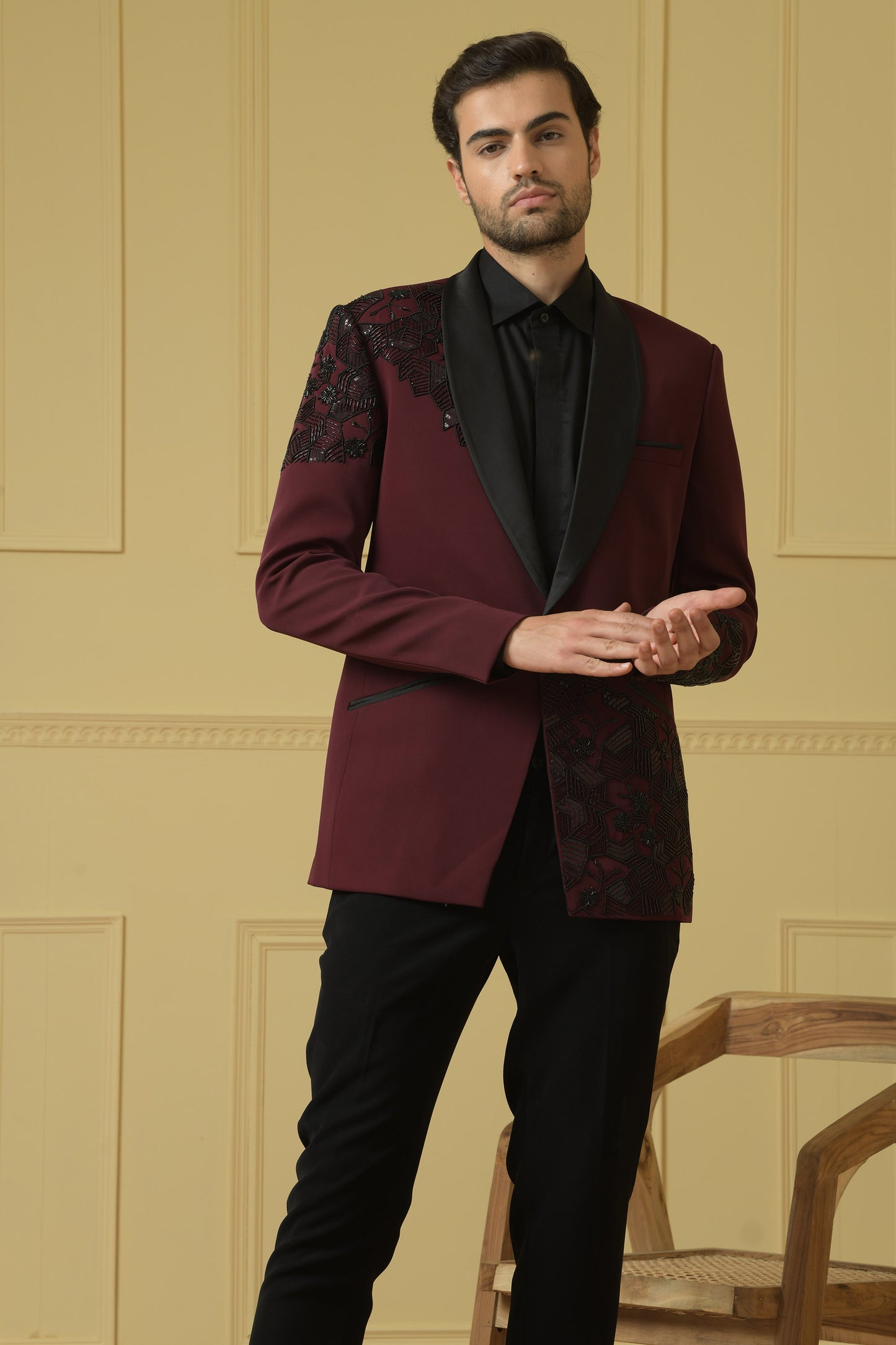 Radiante Maroon Italian Ethnic Satin Thread Embroidery Sangeet Blazer
