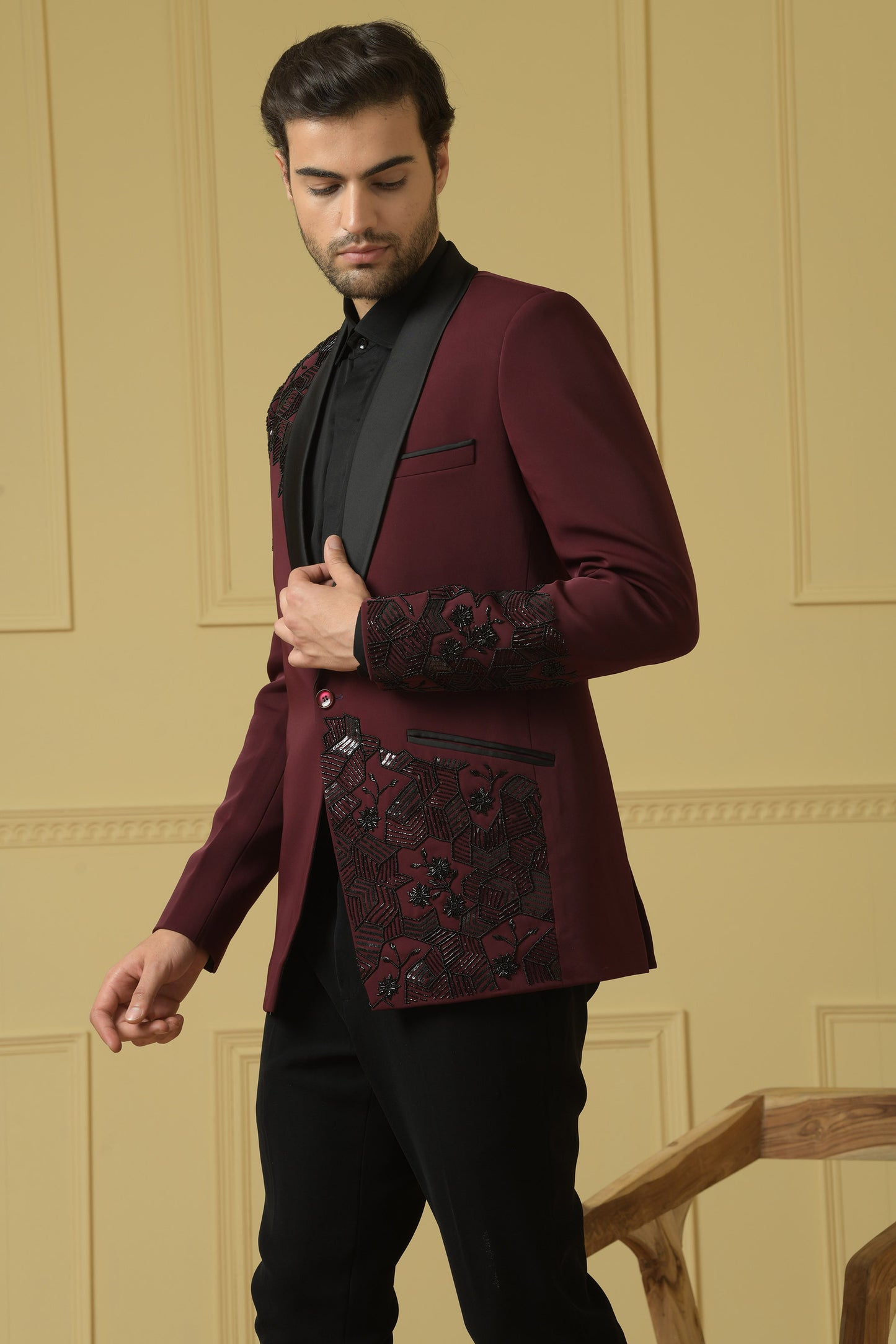 Radiante Maroon Italian Ethnic Satin Thread Embroidery Sangeet Blazer